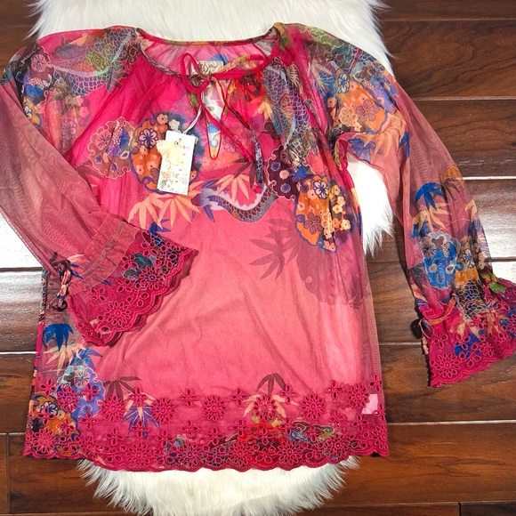 Johnny Was Tops - Johnny Was Sheer Floral Tie-Neck Blouse in Red and Pink